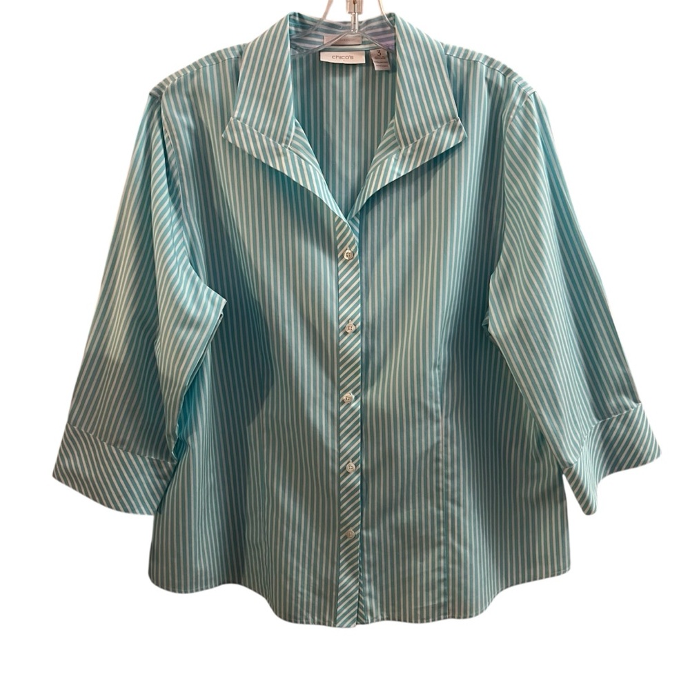 CHICO’S BLOUSE, Size 3 / XL, Turqouise Blue & White Vertical Striped Button Down